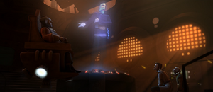 Count Dooku converses with the Jedi through a holo comlink, announcing their impending execution.