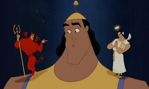 Kronk talking to his shoulder angel and shoulder devil.