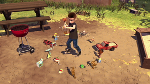 Sid becomes shocked and scared as he's now surrounded by his toys led by Woody who are all alive.