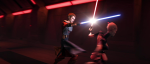 Ventress blocks Anakin's strike with her saber.