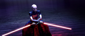 Anakin kicks Ventress backs and she maintains her stance crossing her crimson blades.