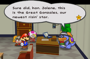 Grubba with Mario, Goombella and Jolene.