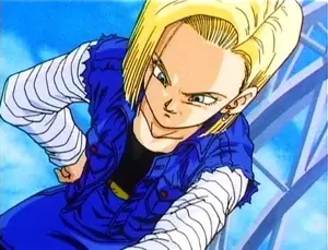 Future Android 18 looking down at Future Trunks.