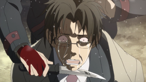 Sugou after having his throat split by Kazuto, as he cries in pain before falling into the floor unconscious in the hospital parking snowing in defeat.