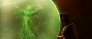 Ventress speaks to Mother Talzin within her magic shield about the situation.
