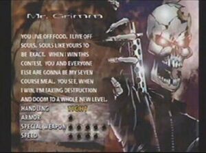 Mr. Grimm's character profile in Twisted Metal 2.