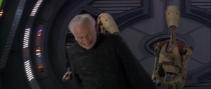 Two security battle droids take the captive Palpatine hostage.