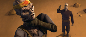 Dooku holds Turk Falso in a firm Force grip.