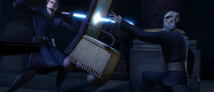 Dooku managed to intercept a thrust from Anakin by telekinetically moving a chair in front of him.