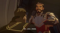 Harrow making Viren kneel before him as a way to tell him that he is a servant to the kingdom and nothing beyond that.