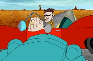 This is one where Eustuce telekinetically blows up his car; he had it coming