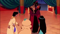 Jafar confronted by Prince Ali, Jasmine, and the Sultan after his true nature has been revealed.