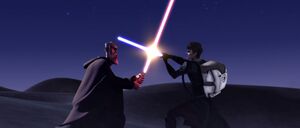 Dooku easily evaded and held off Anakin's wild attacks, and unleashed another overhand, forcing his opponent into a bladelock.