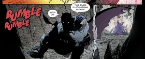 The Batman Who Laughs fighting the Joker as a cave collapses around them.