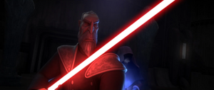 As the two Sith Lords huddle over the altar basin, Dooku ignites his lightsaber.