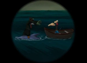 With the periscope, Olive seeing Popeye who is going in the Sea Hag's arms.