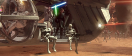 The newly discovered Clone Army arrived to rescue the Jedi, and the trio were airlifted out of the arena.