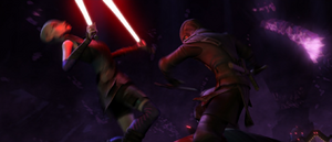 The Kage warrior tries to attack Ventress but she leans away.