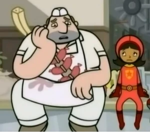 WordGirl and The Butcher sitting down at the bank.
