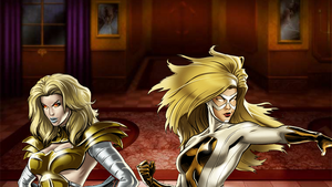 Moonstone alongside Emma Frost as they infiltrate the Hellfire Club Headquarters.