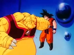 Misokatsun pinning Goku against a wall.