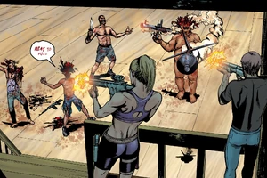 Steve helping Greg gun down Clint's group of Crossed.