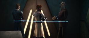 The Jedi and Dooku open a door only to stumble upon seven slacking pirate guards and their escape was short-lived.