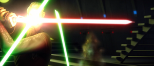 The Count fends off an attack from Naa'leth's green lightsaber.