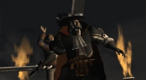 Darcy throwing Dennis Owen off the clock tower.