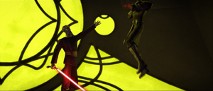 Dooku holds Opress in the air with a Force choke before dropping him.