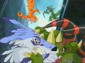 Snimon and Tuskmon vs. Birdramon and Garurumon.