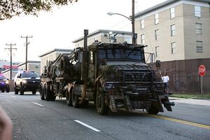 Megatron in his earth truck mode, an old armored, rusty 10-wheeler Mack Titan tanker, in Dark of the Moon.