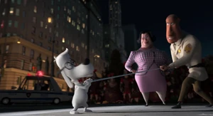 Grunion smiling evilly in triumph as Animal Control moves in to take Peabody away.