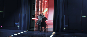 The two combatants fought into the laser-walled security hallway protecting one of the exhaust shafts