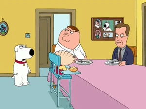 Peter, Stewie Griffin and Brian having dinner with James.