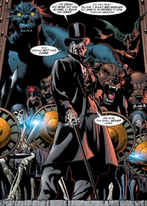 Hades in his suave and elegant human form as a proper gentleman with a top hat and a cane.