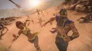 Tanya and Rain running from Kotal Kahn's forces.