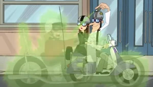 Doof zapping his Away-inator at the Biker to send him away to another dimension.