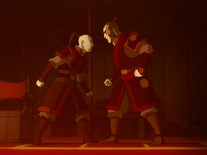 Zhao being challenged to an Agni Kai by Zuko.