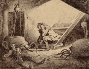 The narrator surrounded by Martians.