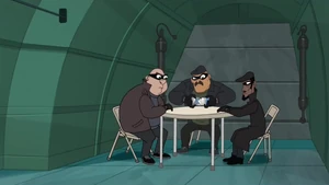 The thugs playing cards on Bannister's helicopter.