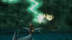 The Sea Hag launching a lightning strike against Popeye's family,