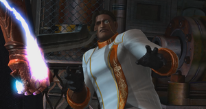 Agnus looking at Nero's demon arm.