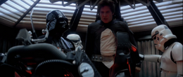 Darth Vader proceeds to torture Han and Leia to create a disturbance in the Force for Luke to detect.