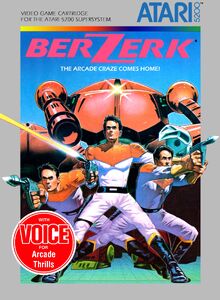 The Atari 5200 cover for Berzerk, featuring the Automazeons battling more than one Humanoid Warrior.