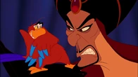 Jafar angrily glaring at Iago for dancing during the song "Prince Ali".