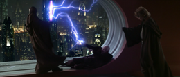 Skywalker sees Sidious blast Mace with Force lightning.