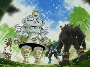 Paildramon, Silphymon, and Shakkoumon confronting BlackWarGreymon.