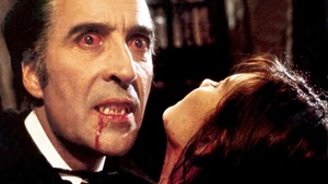 Dracula giving into this lust for blood - Promotional image from "Dracula A.D. 1972", 1972
