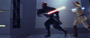 Knocked to the ground by Kenobi's follow-up kick, Maul held his grip on the functioning half of the weapon and regained his feet, Maul retreated with a series of leaping twirls